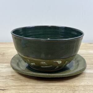 Vtg Studio Art Pottery Berry Bowl Colander Strainer With 7” Underplate Green MCM